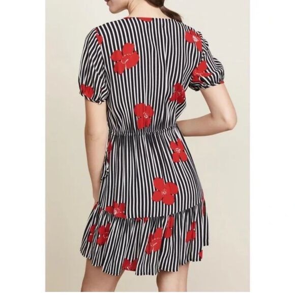 Madewell Black & White Stripe Red Floral Wrap Dress- Ruffle Skirt- Size 8 - Picture 3 of 7